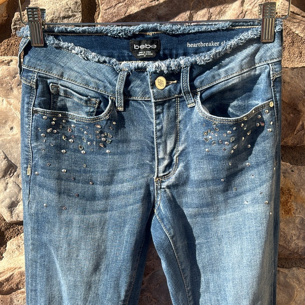 Bebe Heartbreaker Skinny Jeans Rhinestones Frayed Size 27 Y2K